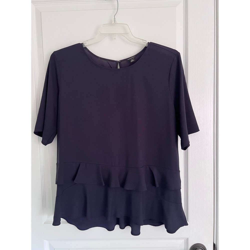 Ann Taylor Navy Blue Ruffle Peplum Blouse Short Sleeve XL Office Lagenlook Top